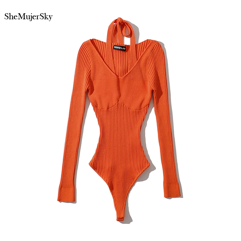 SheMujerSky ผู้หญิงเซ็กซี่ Halter Bodysuits 2021แขนยาว V คอถัก Elastic Slim Jumpsuit สีทึบ Bodysuit