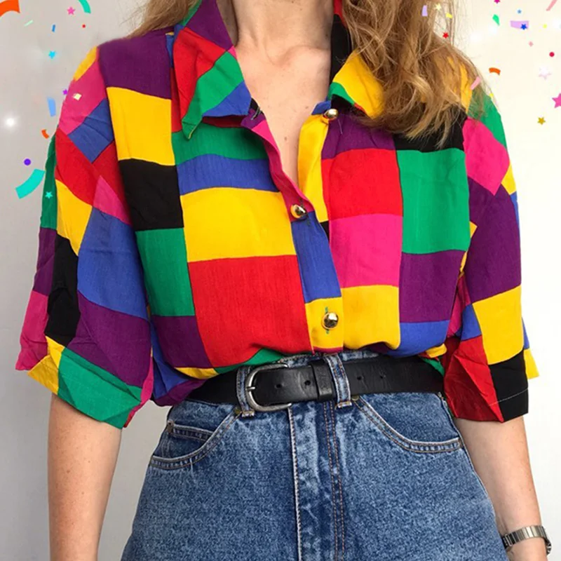 Women Blouse Shirt Geometric Colorful Harajuku Bohemian Half Sleeves Tops Summer Loose Camisas