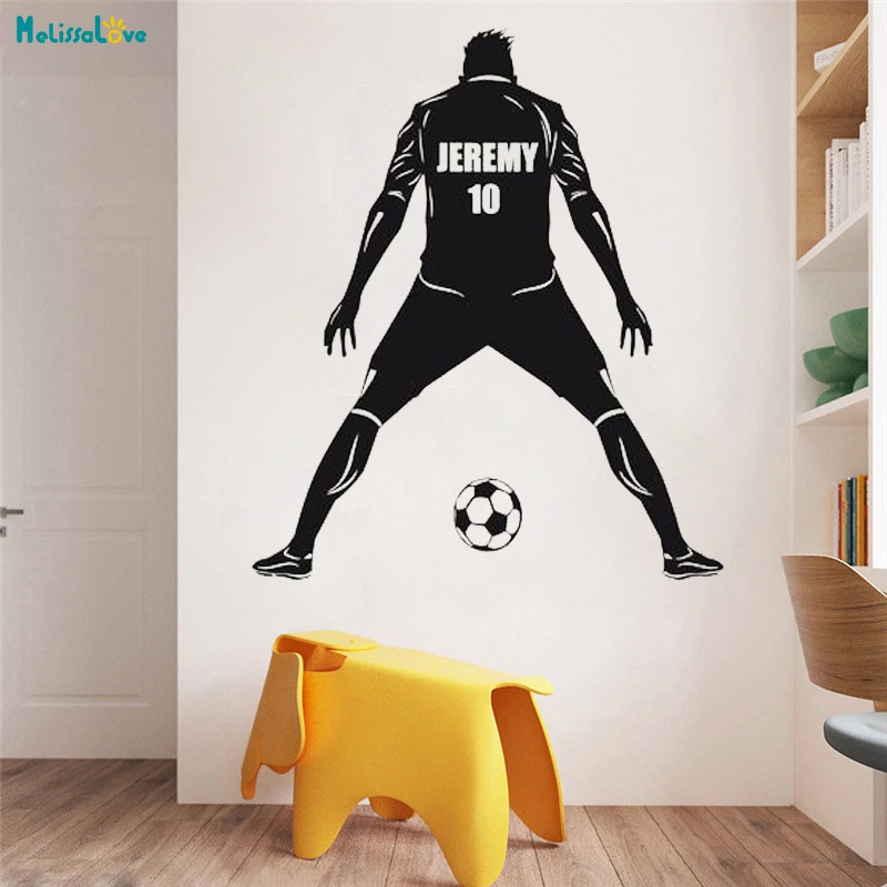 Football Star Celebrating A Victory Pose Personalized Name And Number Wall Decal Soccer Player Home Décor Decals YT4580