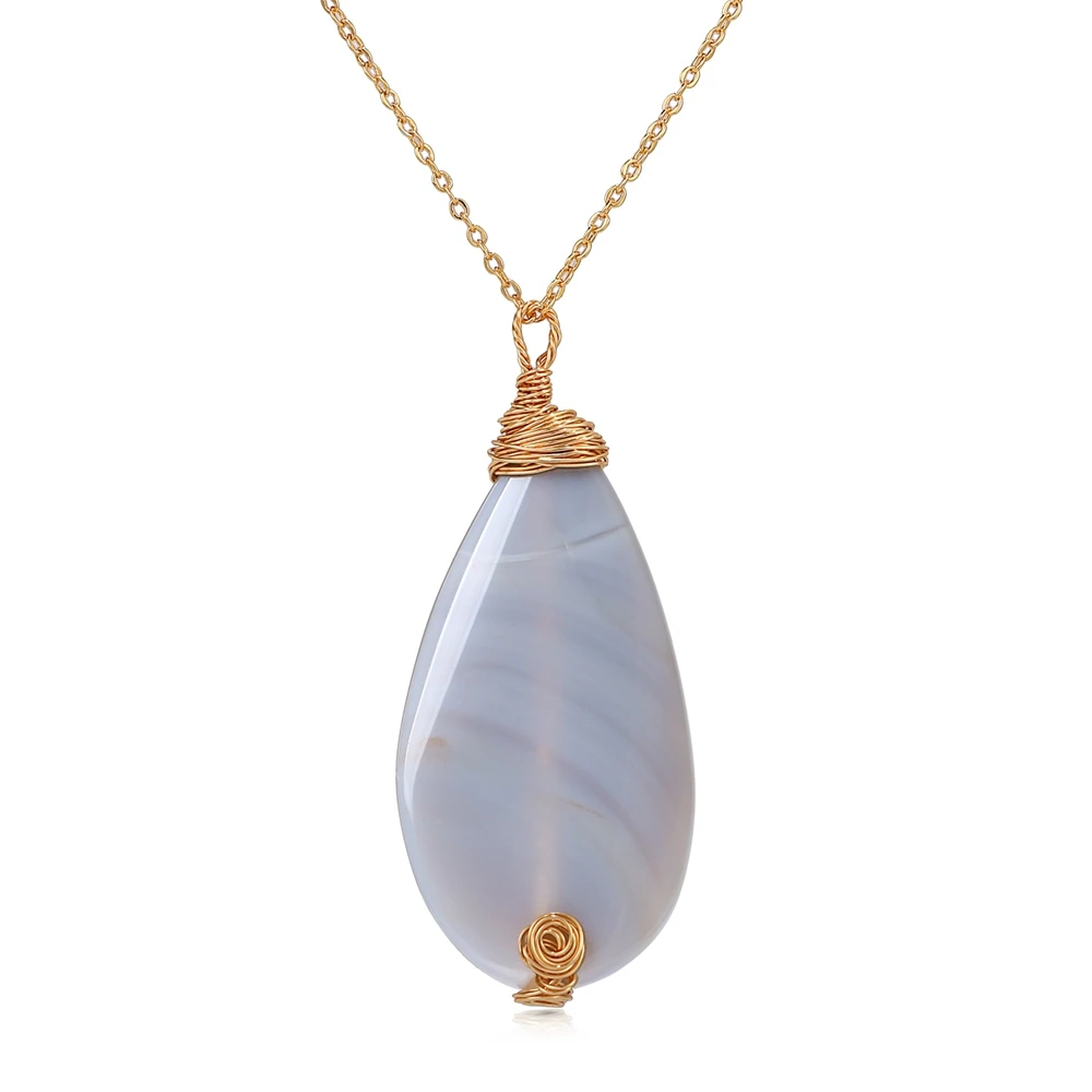 ShinyGem Baroque Natural Agate Pendant Necklace 14K Electroplated Gold Wire Handmade Striped For Women