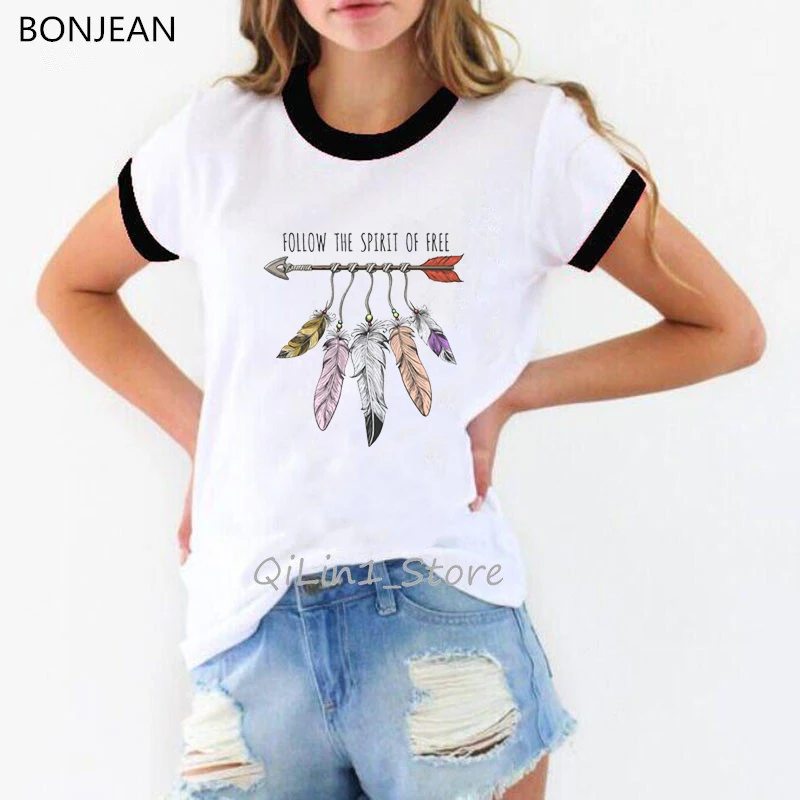 Vintage Feather arrow print graphic tshirt women lovely dreamcatcher design summer clothes lady woman t shirt female t-shirt