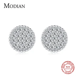 Modian 925 Sterling Silver Luxury Buttons Ear Studs for Women Twinkle Clear CZ Simple Round Stud Earrings Wedding Fine Jewelry