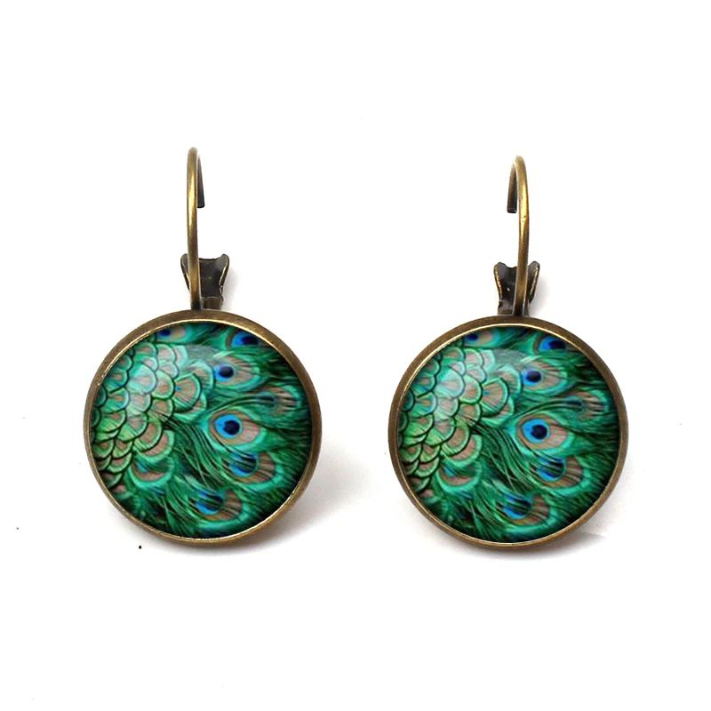 New 2019 Bohemian Glass Convex Round Peacock Big Earrings Women\'s Fashion Ethnic Green Round Earrings Women Jewellery Wholesale