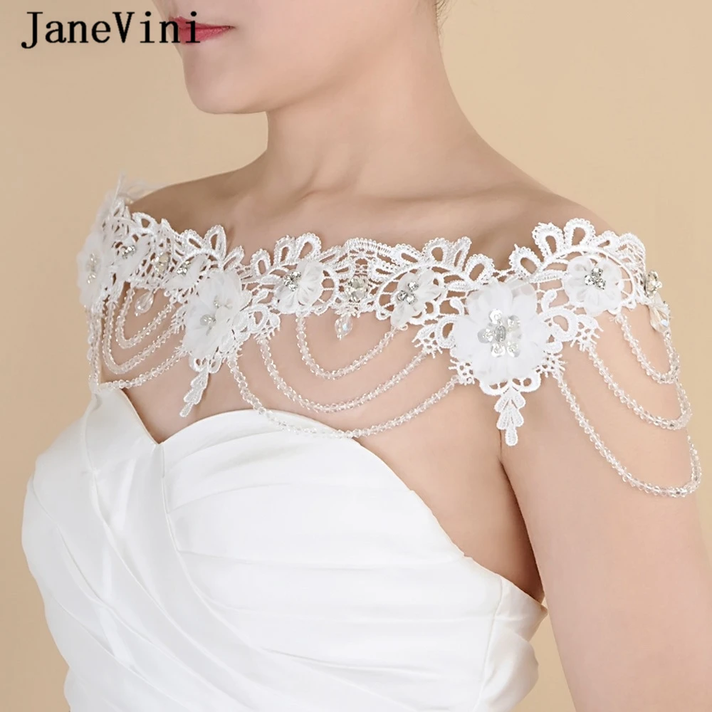 JaneVini Elegant White Bridal Necklaces Lace Applique Beaded Boho Jewelry Necklace 2020 Designer Female Statement Shoulder Chain