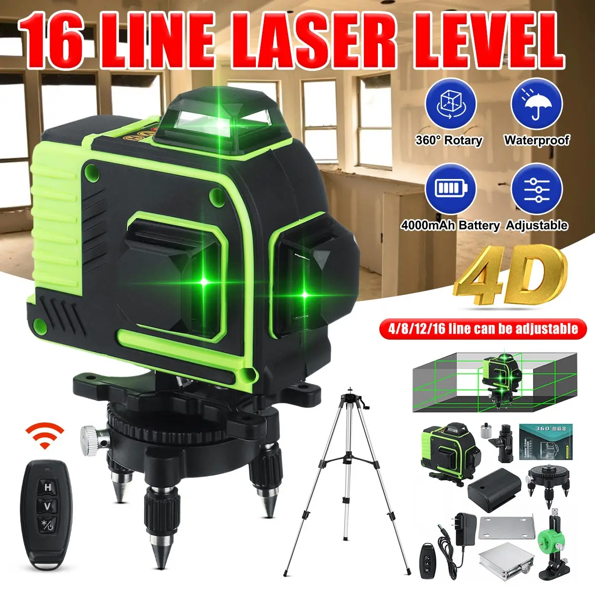 Level Laser-16 Line 360 Horizontal Vertical Cross 4D Green Light Laser Level Self-Leveling Measure Super Powerful Laser Beam