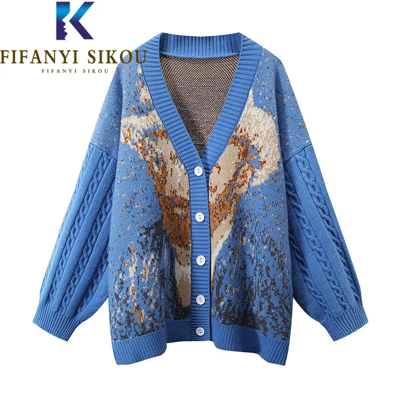 

Cardigan Women Blue Knitted Sweater Jacket Autumn Winter Thick Warm Knit Coat V-Neck Fashion Embroidery Loose Sweaters Female