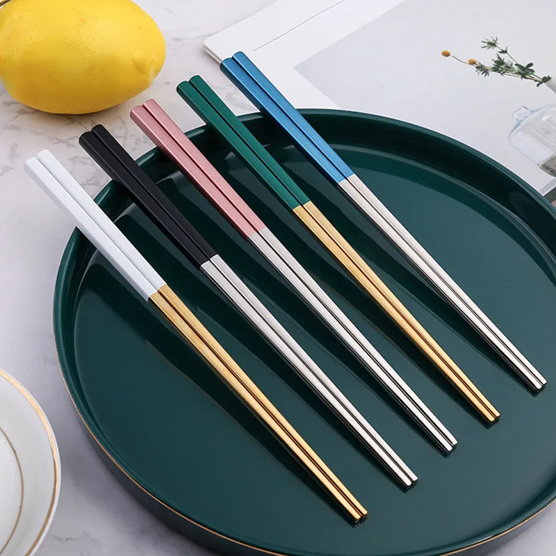 5 pairs Portugal Same Style Gold-plated Multicolor 304 Stainless Steel Black Gold White Gold Square Chopsticks