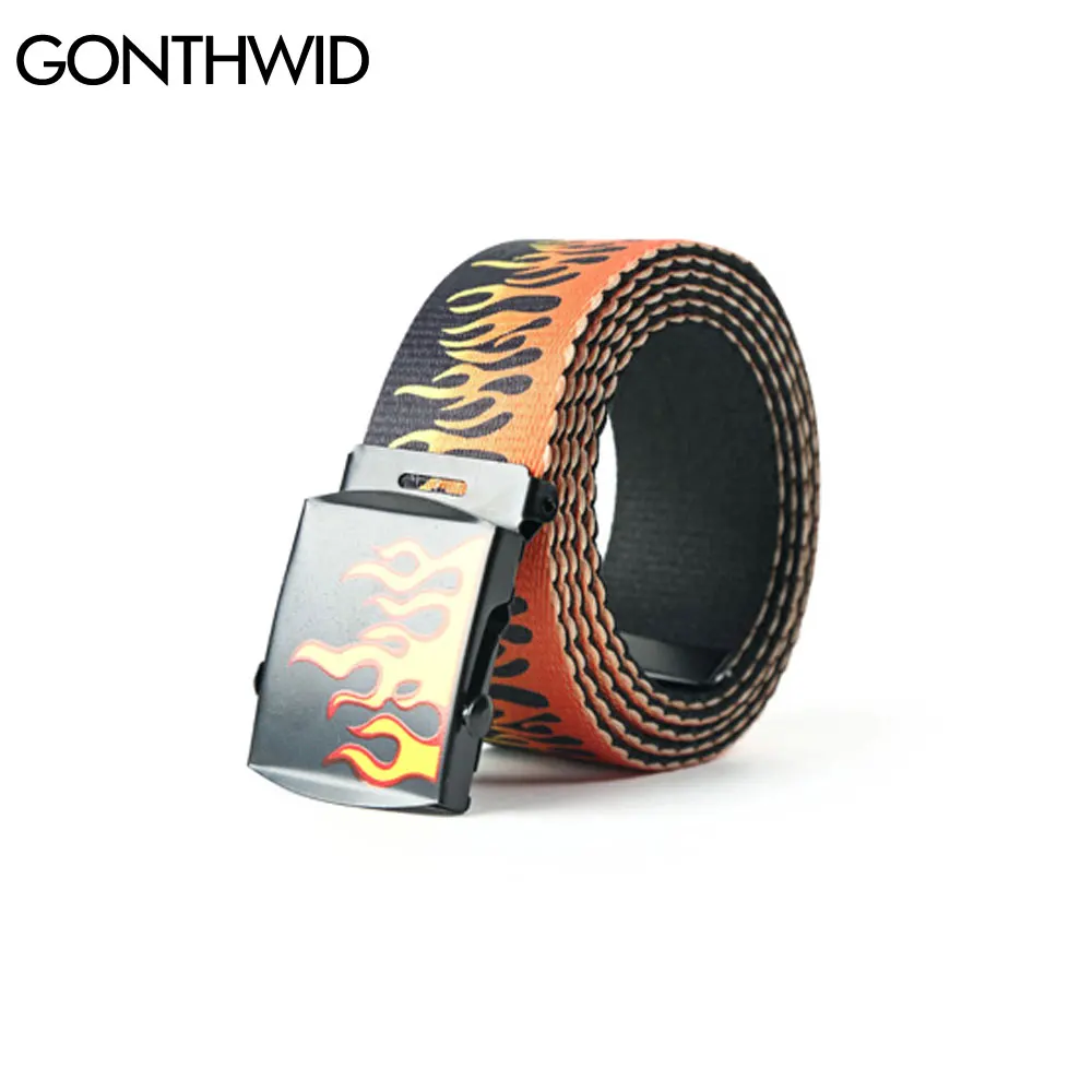 

GONTHWID Fire Flame Print Canvas Belts Streetwear Men Women Hip Hop Casual Waist Belt Harajuku Fashion Military Waistband Street