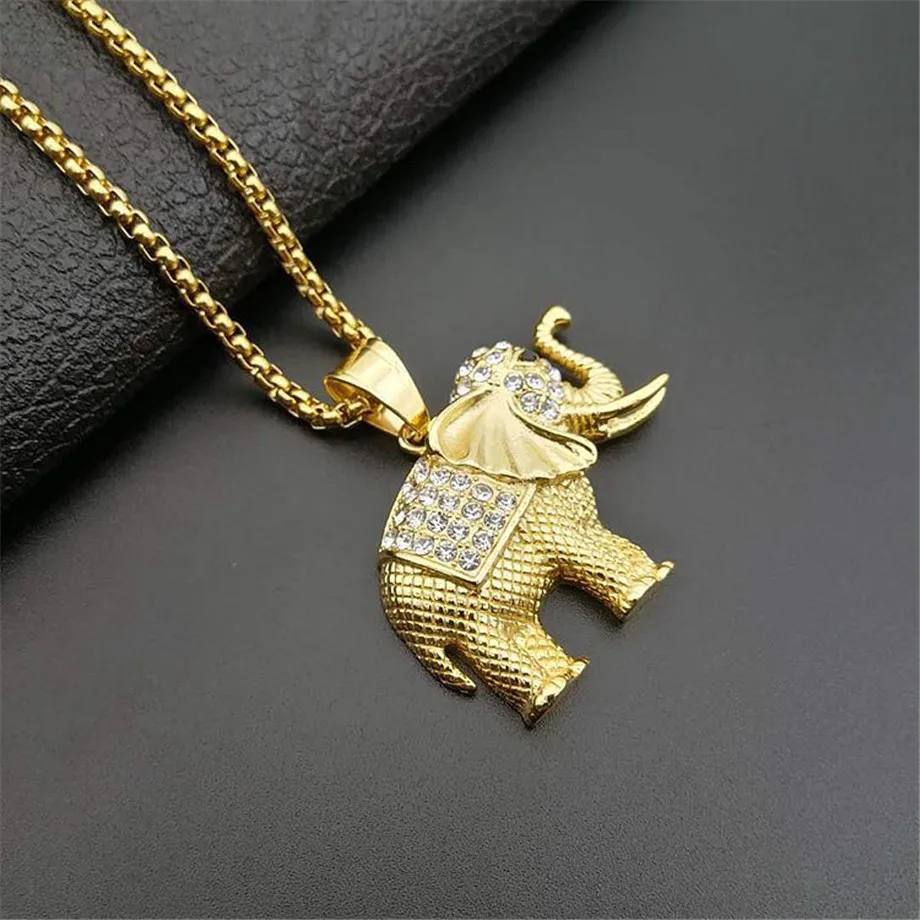 Iced Out Zircon Elephant Pendant Animal Necklace Jewelry Gold Color Stainless Steel Bling CZ Men\'s Hip Hop Pendant For Women