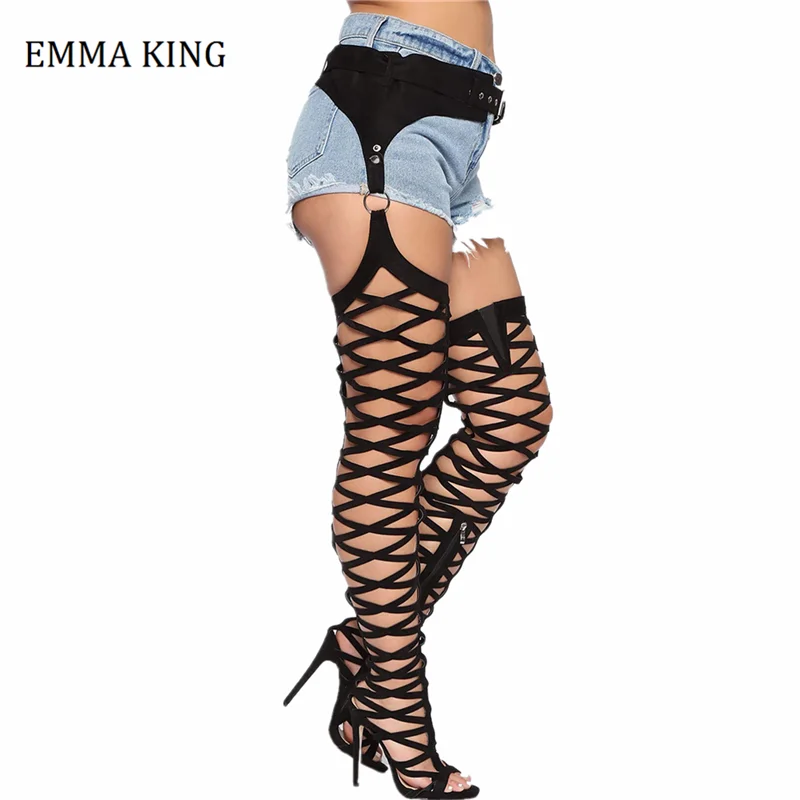 

Sexy Black High Heels Gladiator Sandal Shoes Woman Peep Toe Cut Outs Thigh High Boots Summer Feminina Waist Belted Sandal Boots