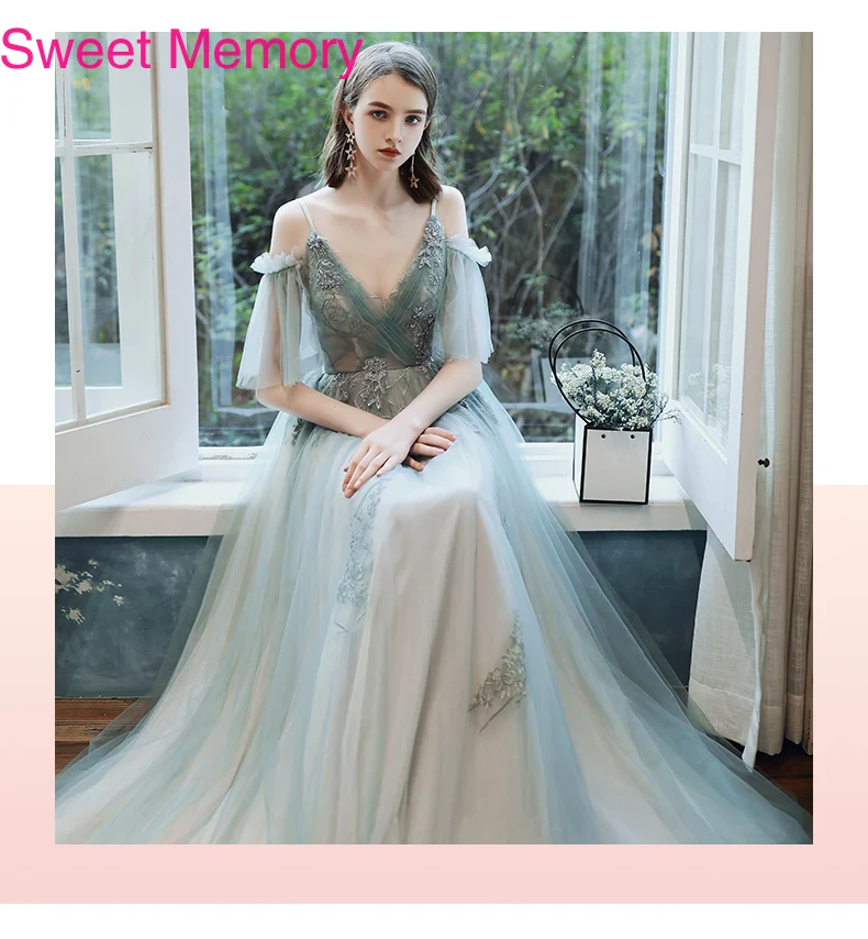 Piętro długość Sexy V Neck sukienki druhen panna młoda gość Tulle szaty eleganckie kobiety aplikacje koronkowa długa suknia balowa Party Vestidos