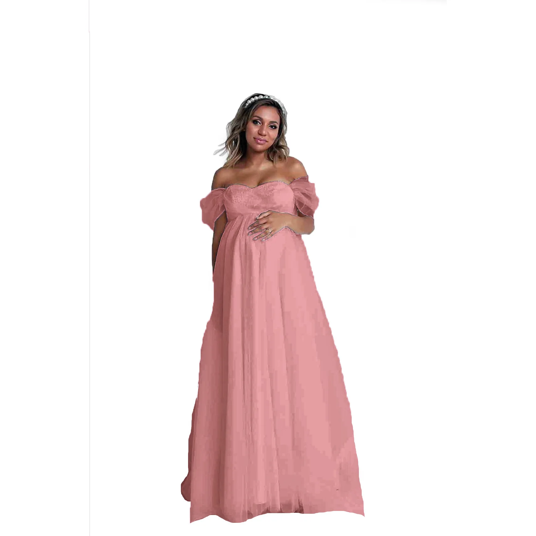 أزياء النساء الحوامل فستان الأمومة حمالة الخامس الرقبة طويلة الأكمام الدانتيل لالتقاط الصور فستان الحمل الأنيق التصوير الفوتوغرافي