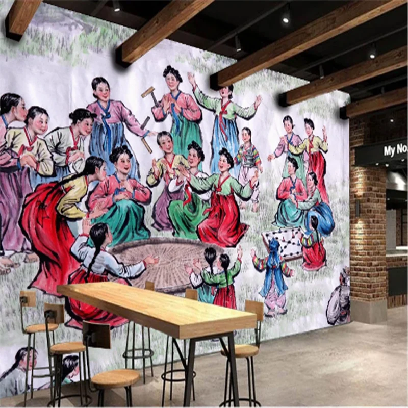 

Custom Hand- Korean Cartoon style hand-painted oil painting catering food uniform background Industrial Decor Mural Wallpaper