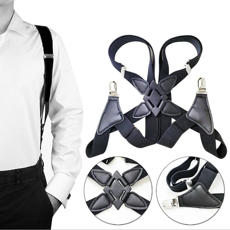 1pcs Men Suspenders Wide Adjustable Four Clip On X Back Elastic Black Heavy Duty Braces Suspenders