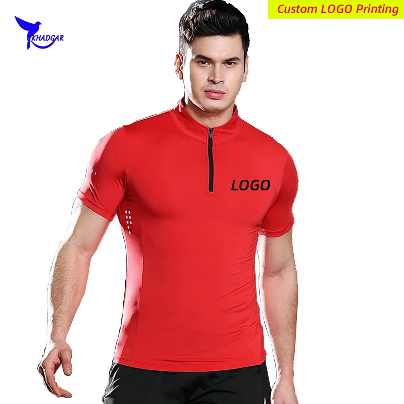 

Summer Men Stand Collar Quick Dry Running Shirts Custom LOGO Short Sleeve Half Zipper Gym Fitness Shirt Stretch Sportswear Tops