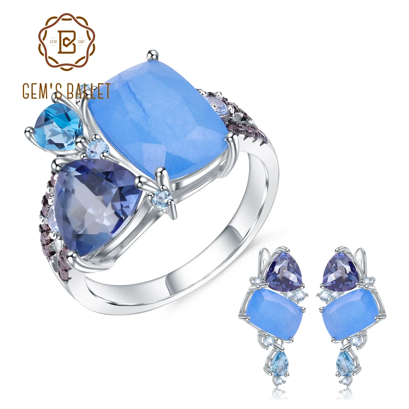 

GEM'S BALLET Natural Aqua-blue Calcedony Geometric Casual Jewelry 925 Sterling Silver Ring Earrings Jewelry Set For Women Gift