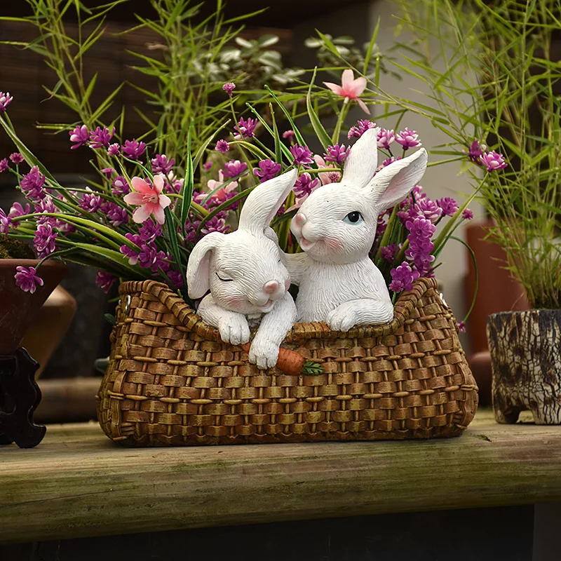 Garden Rabbit Flower Pot Handmade Resin Rabbit Sculpture Decoration Gardening Decor Small Planter Succulent Bonsai Flowerpot