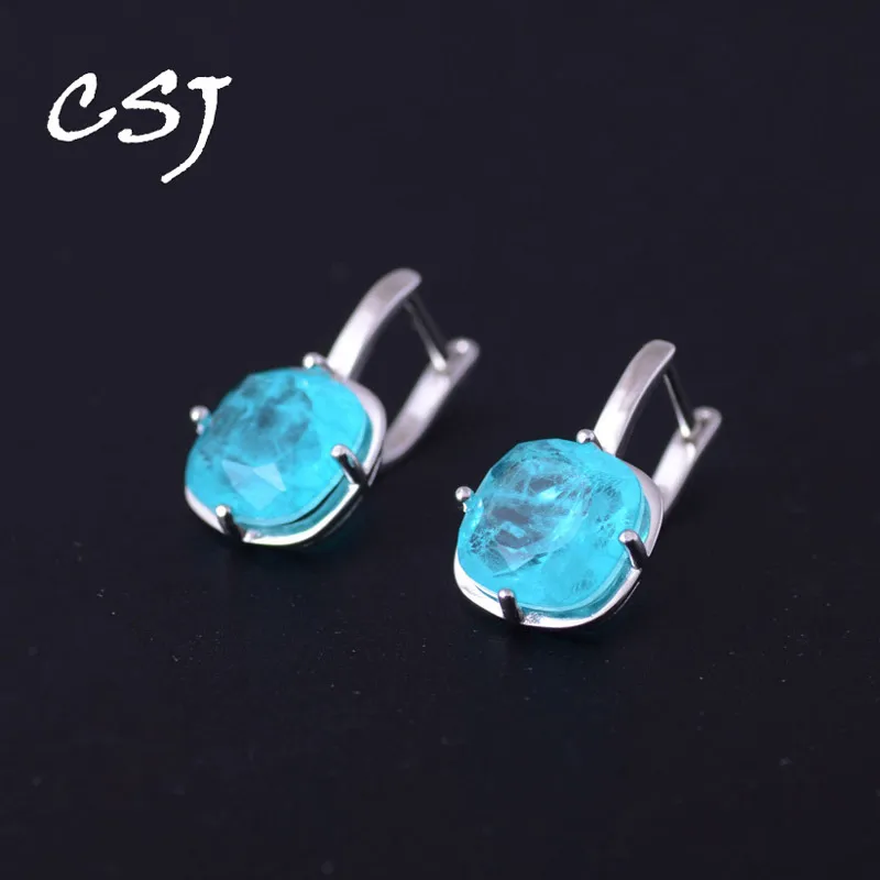 

CSJ Elegant Paraiba Tourmaline Earrings Solid 925 Sterling Silver Created Gemstone Emerald for Women Jewelry Party Wedding Gift