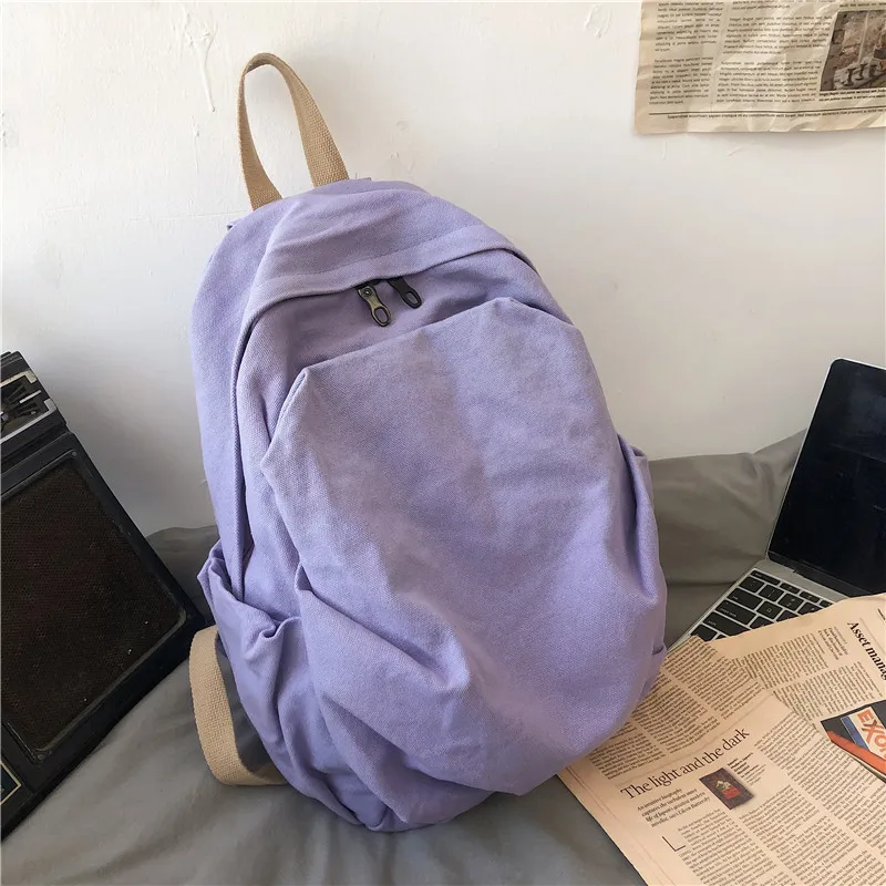 Fashion Solid Color Backpack Canvas Casual Travel Rucksack For Teenage 2021 Women Laptop Mochila College Bookbag As School