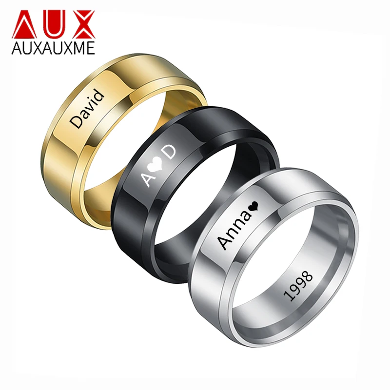 Auxauxme Personlized Name Wedding Ring  Stainless Steel Engraved Names Date Custom Jewelry for Women Men Anniversary gift