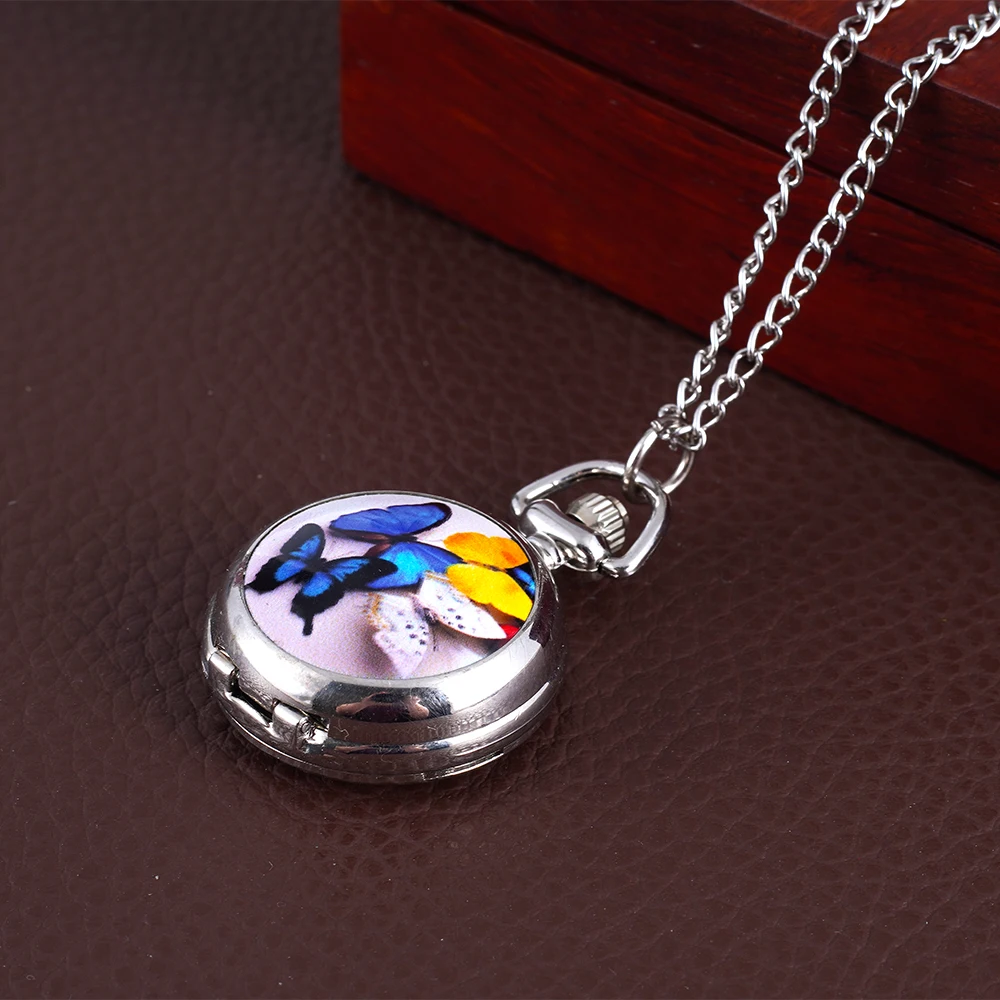 Silver butterfly pattern pocket watch Ceramic chip quartz pocket watch Small necklace pocket watch