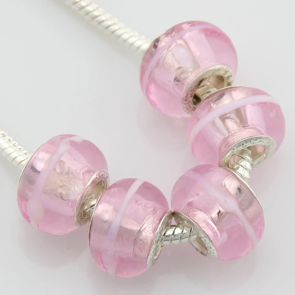 5pcs /Lot Pink Murano Glass Lampwork Beads Handmade Big Hole For European Charm Bracelets & Bangles Jewelry DIY G8