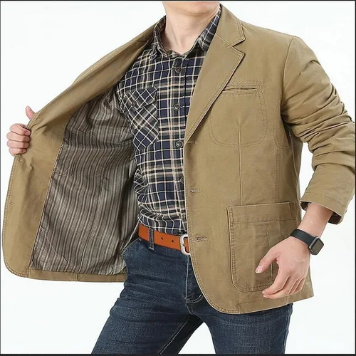Blazers de un solo pecho de tela lavable para hombre, traje de negocios, chaquetas militares sueltas, prendas de vestir