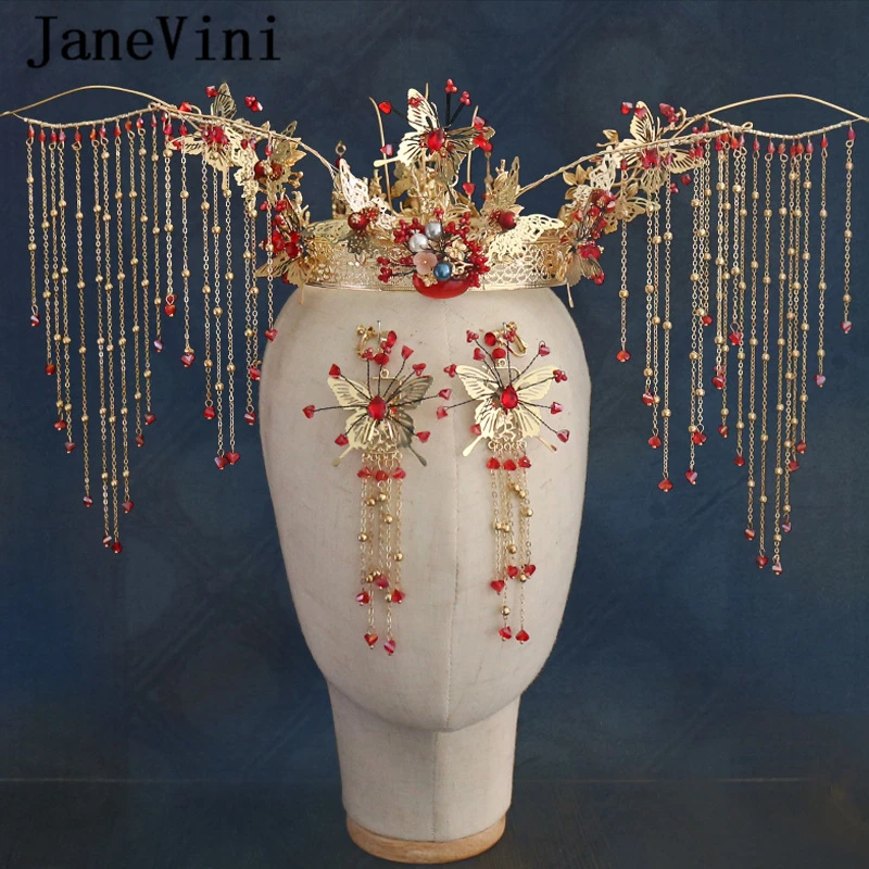 

JaneVini Luxury Chinese Butterfly Beaded Bridal Crowns with Earrings Gold Hairpins Tassels Coronet Sets Wedding Hair Accessories