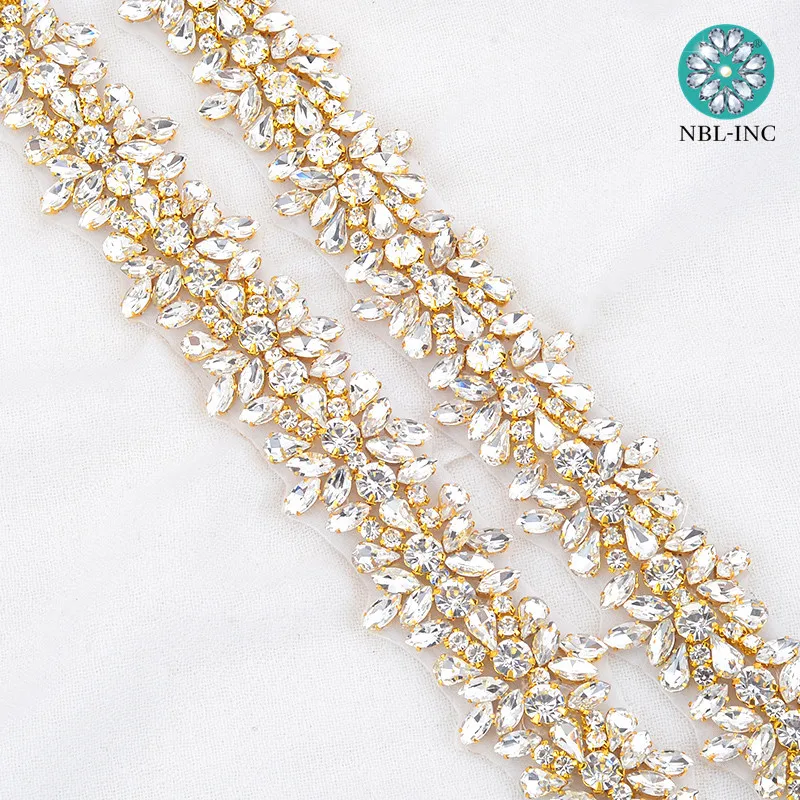 (10 YARDS)Wholesale bridal beaded rose gold crystal rhinestone applique trim iron on for wedding dress sash belt WDD0278