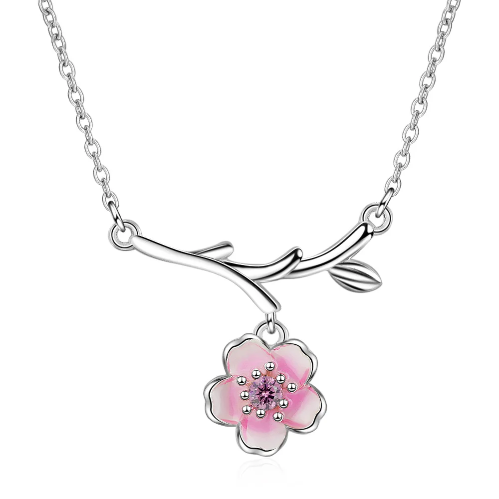 Hot Sale Cherry Blossoms Necklace  silver color Sakura Flower Necklaces & Pendants Chain Choker Necklace Jewelry Collar