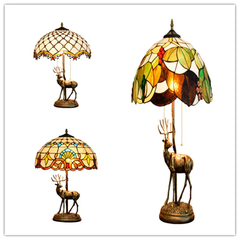 

Classical Elk Creative Pastoral Baroque Indoor LED Lights Stained Glass Living Room Bar Bedroom Bedside Tiffany Table Lamps