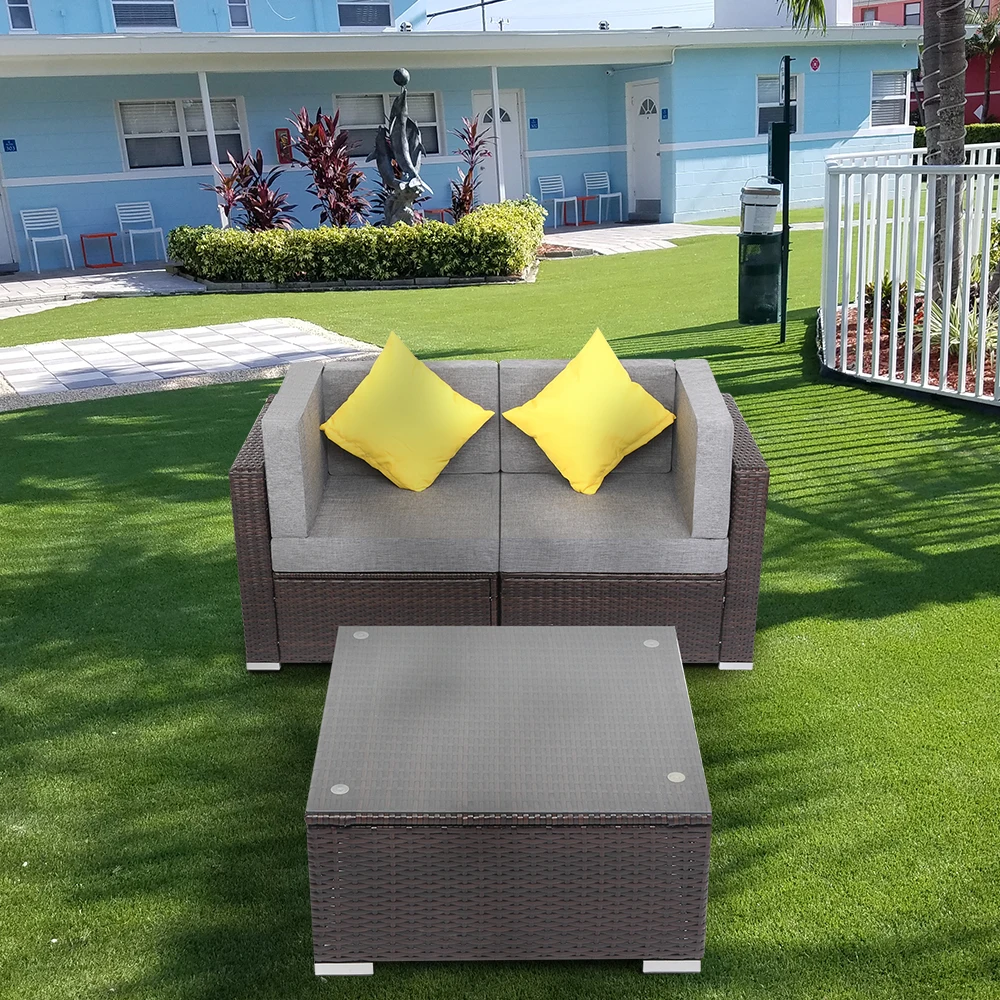 3 Pieces Patio PE Wicker Rattan Corner Sofa Set