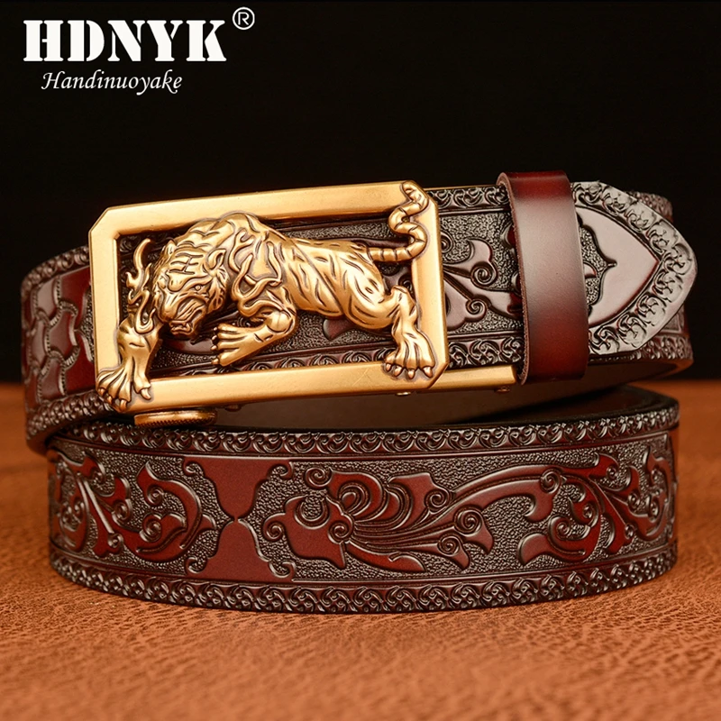 New Arrivel Tigger Buckle with Tang Grass Pattern Leather Belt for Men Work of Art Belt Automatic Buckle