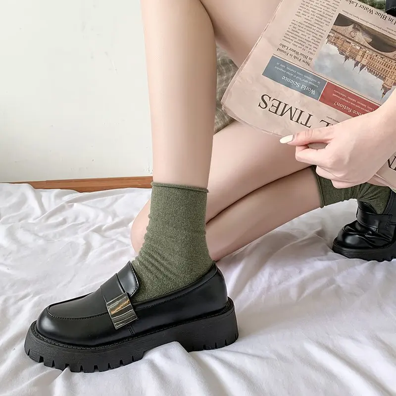 Women's Solid Black PU Leather Lok Fu Shoes 2021 New Leisure Women's Flat Shoes Round Toe Thick Toe Round Muffin Large Size