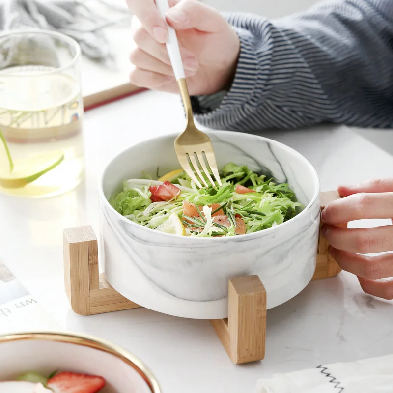 Nordic Marble Ceramic Bowl with Bamboo Rack Holder, Stackable Large Salad Fruit Dessert Bowl, Cat and Pets Dinnerware, 850ml