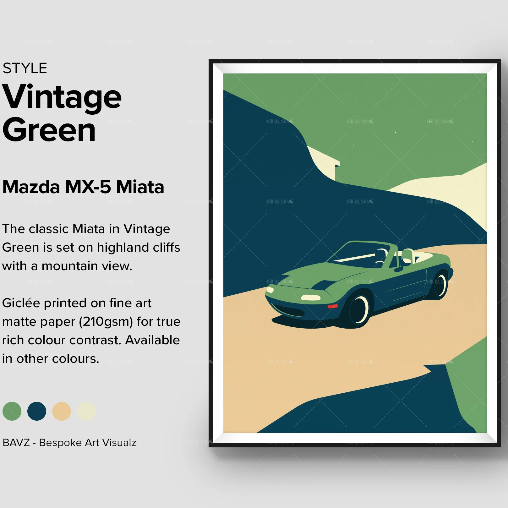 Mazda MX 5 MIATA 1990 printed on natural white exquisite patterns on canvas, gifts, illustrations, posters, car prints, years, b