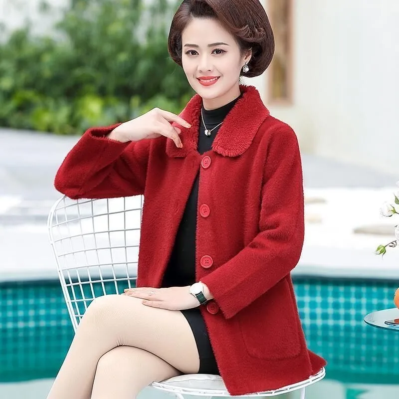 2024 New Autumn Winter Korean Women Woolen Cloth Jacket Female Middle Aged Mid Long Lmitation Mink Velvet Coat Ladies Coats