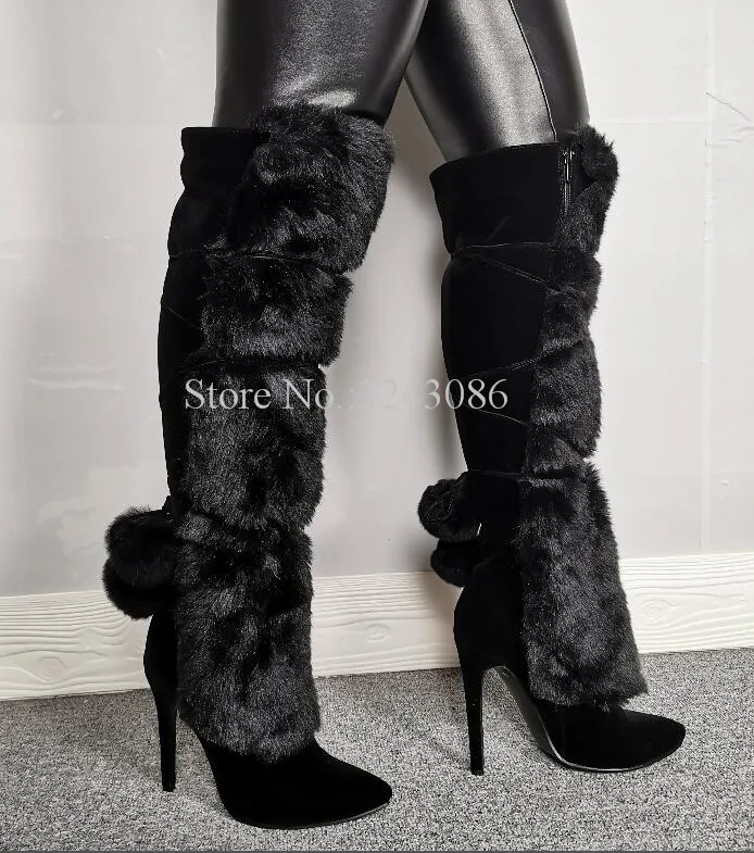 New Elegant Lady Fur Knee High Boots Fashion Women Pointed Toe Stiletto Heel Black Suede Long Boots Warm Winter Boots Real Photo