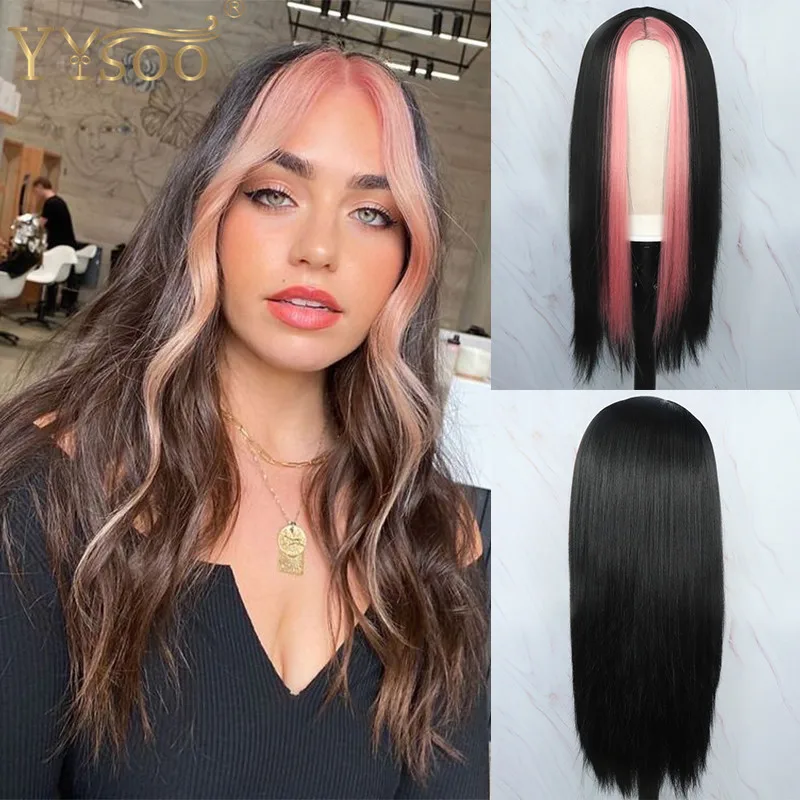 YYsoo Long Natural Straight Black Highlights Pink Synthetic Wigs for Women Full Machine Made Heat Resistant Cosplay Girls Wigs