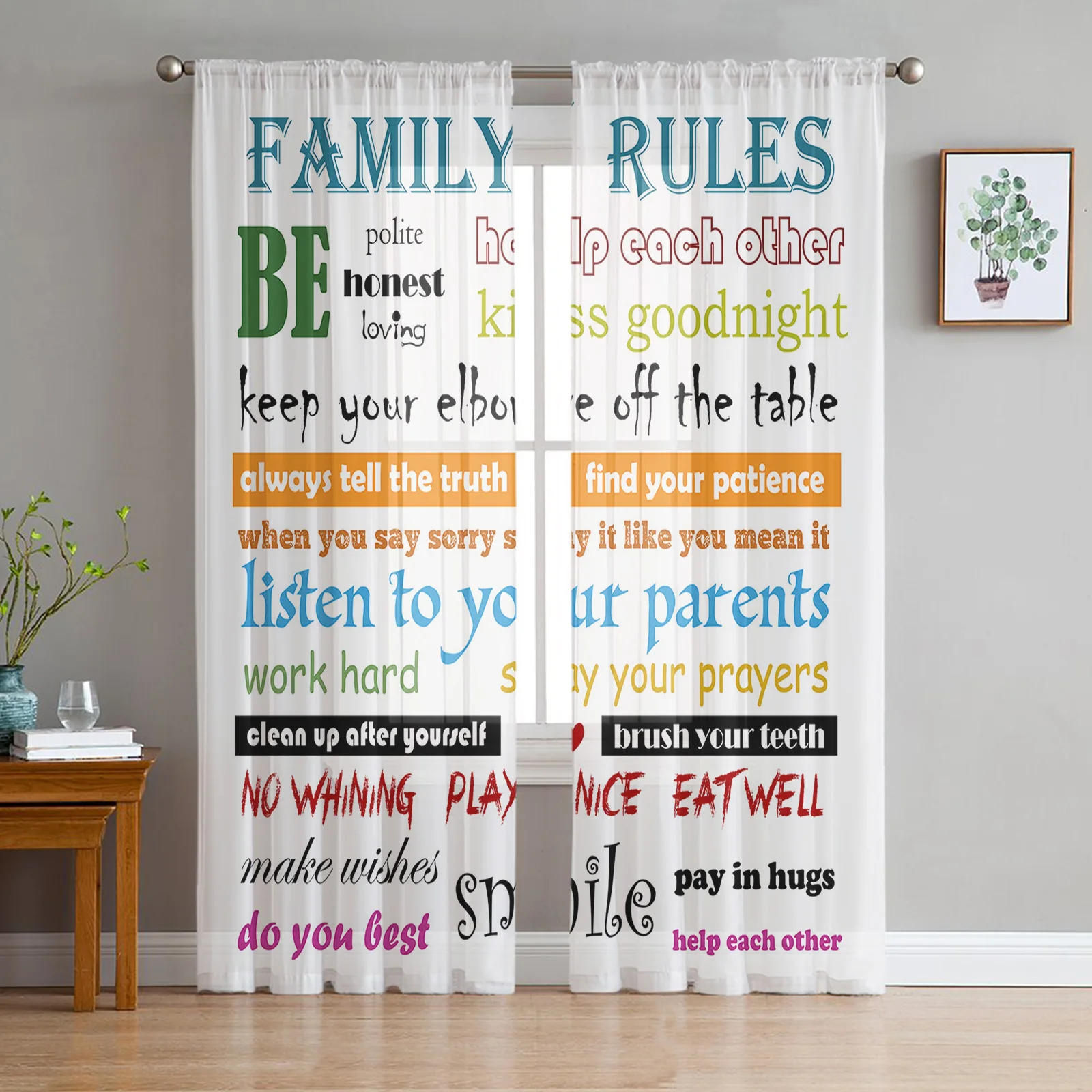 Family Rules Colorful Text White Background Voile Tulle Sheer Curtains for Bedroom Living Room Kitchen Decor Window Curtain