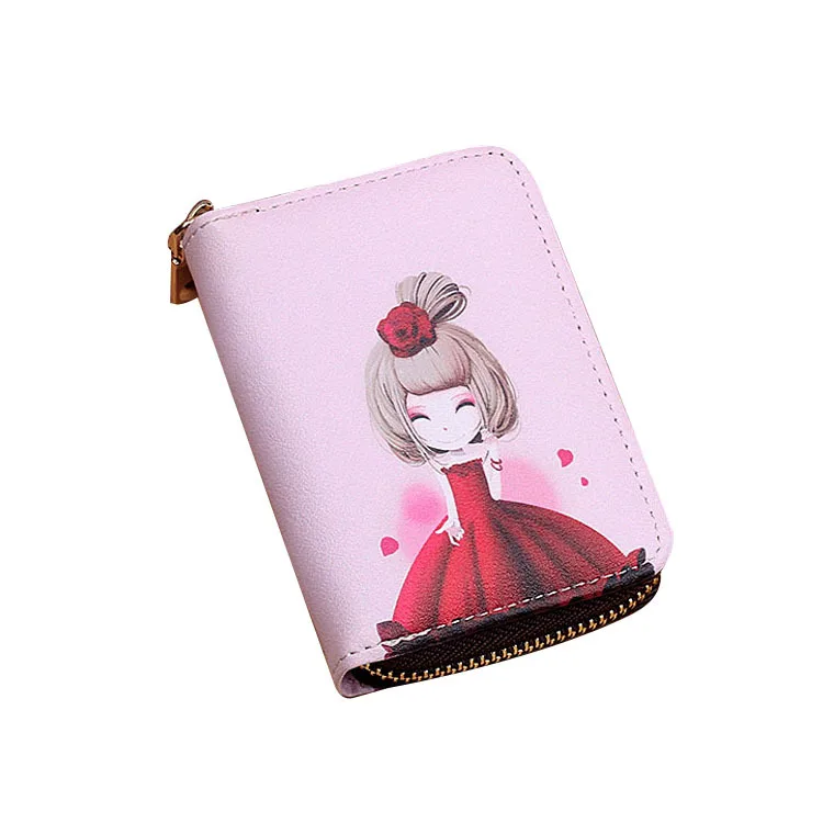 New Fashion Printed Women Card Bag PU Leather Wallet Cartoon  Girl Mini Zipper Clutch Bag Business Card Case Credit Card Holder