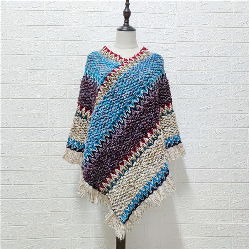 Two Style Loose Thick Poncho Autumn Knitted Sweater Tassel Shawl Knitwear Cloak Women Cardigan Multicolor Stripe Pullover Capes