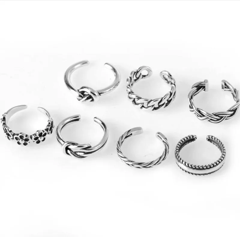 New 7PCS Adjustable Toe Ring for Women Girls Lower Knot Simple Knuckle Stackable Open Tail Ring Band Hawaiian Foot Jewelry