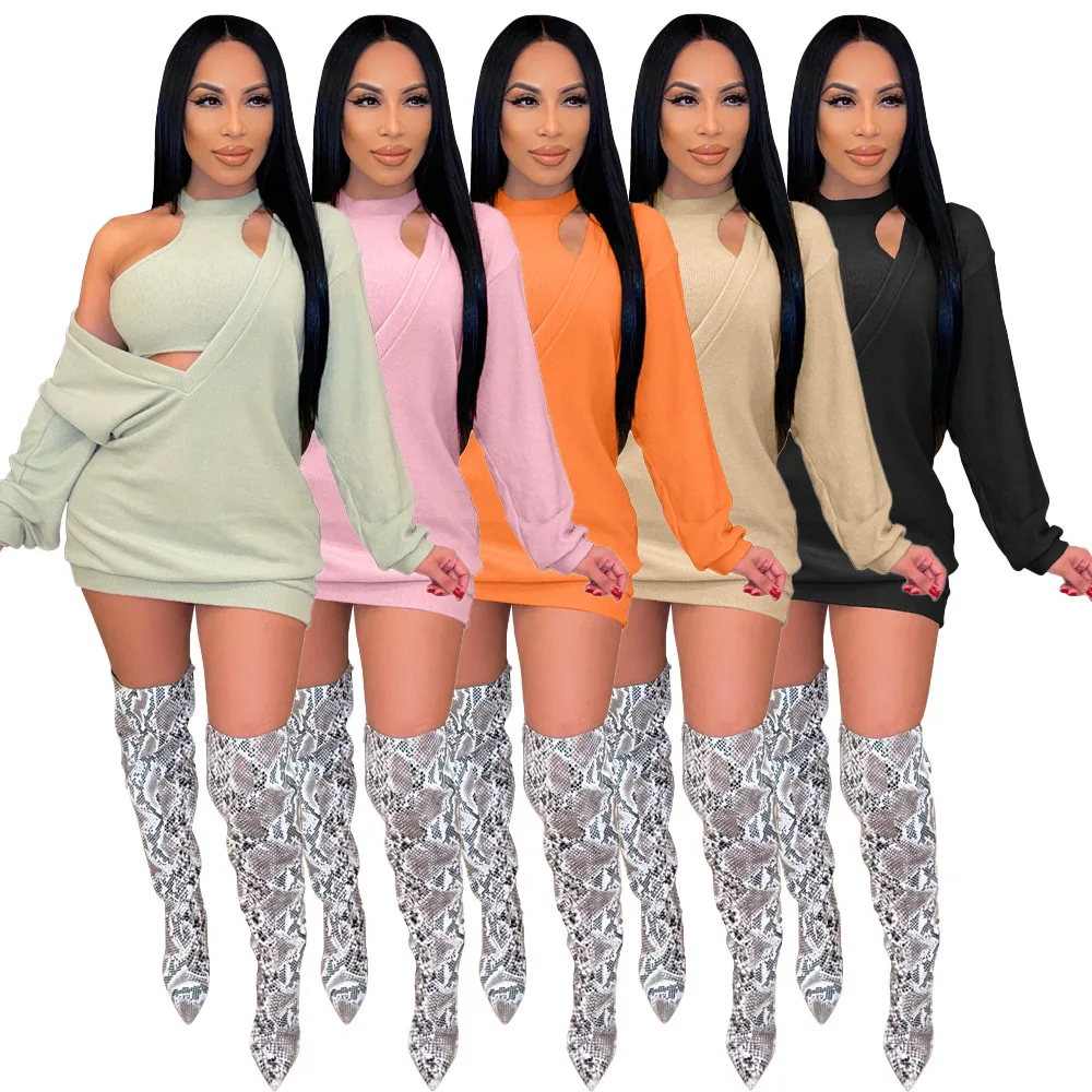 New 2024 Women Streetwear Deep V-neck Long Sleeve Sweatshirt Style Slim Dress with Vest Tops Ribbed Solid Spring Winter Dresses