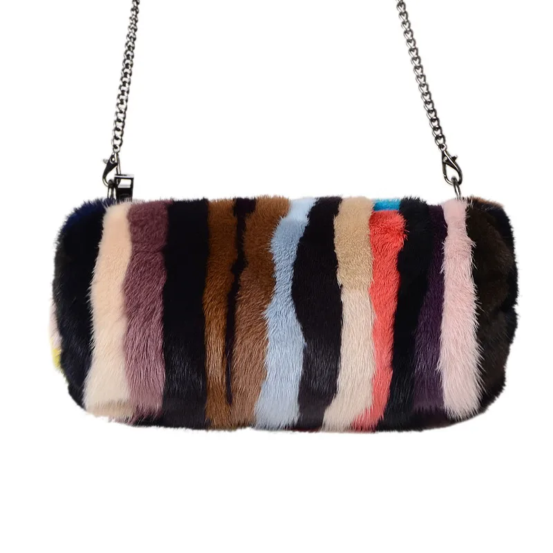 2021 New Mink Fur Thermal Bag Real Hair Fashion One-Shoulder Messenger Fur Bag Autumn And Winter All-Match Plush Striped Bag