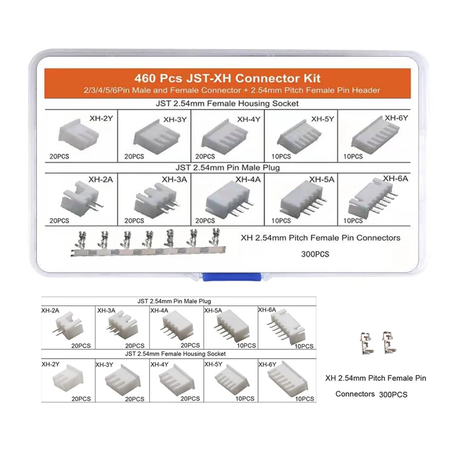 460 PCS 2.54mm JST-XHP 2/3/4/5/6 Pin Housing with 2.54mm JST XH Male/Female Pin Header Dupont Wire Connector Kit