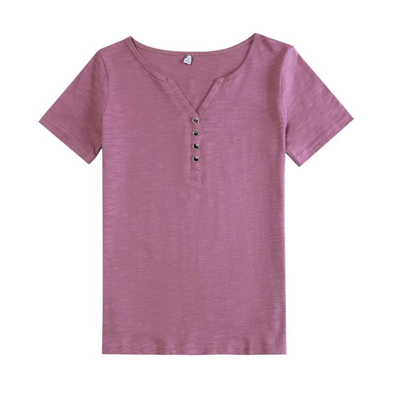 Short Sleeve Summer Women 2023 Slub Cotton T-shirts Female Button Loose Casual Fashion T-shirts Blue Sexy Deep V-Neck Korea Tops