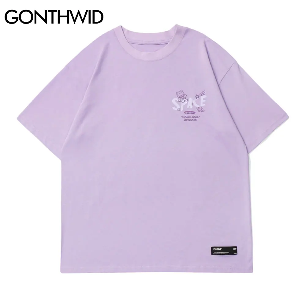 GONTHWID Harajuku Tshirts Cartoon Bear Rabbit Space Short Sleeve Tees Shirts Streetwear Hip Hop Fashion Casual Cotton Loose Tops