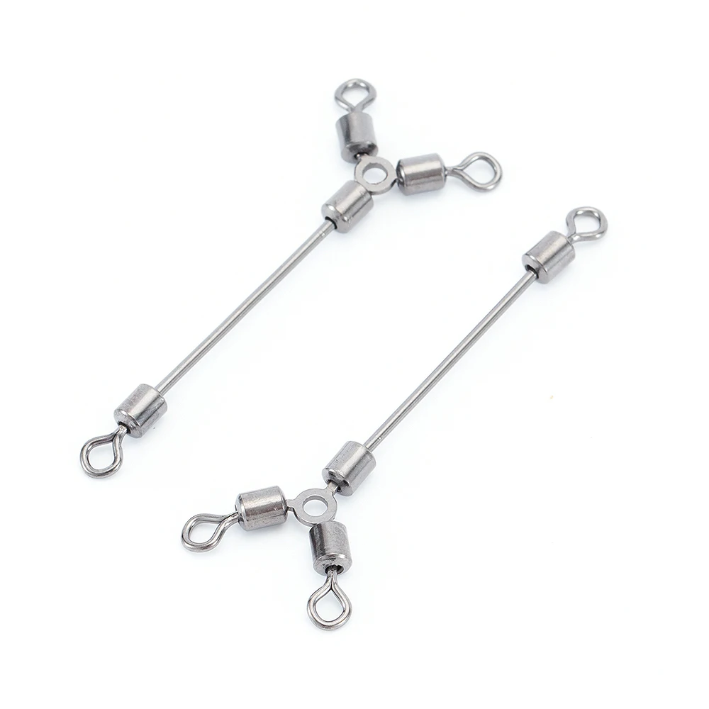 10pcs 3 way Long Swivels Ball Bearing Swivel Solid Rings Rolling Swivel Steel Hook Connector Sea Boat Fishing Hook Accessories