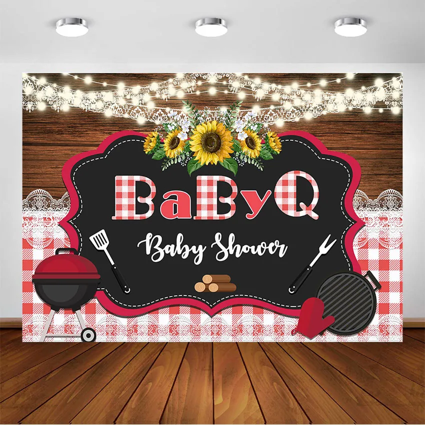 BBQ Baby Shower Backdrop Country Rustic Sunflower Baby Shower Photography Background String Lights Wood Decorations Backdrops